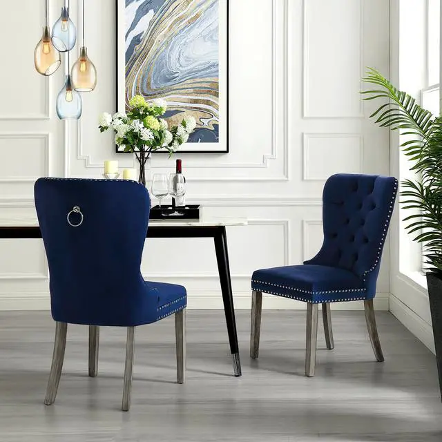 Main image of Duncan Navy Blue Velvet Dining Chair - Set of 2 | Tufted | Ring Handle | Chrome Nailhead Trim