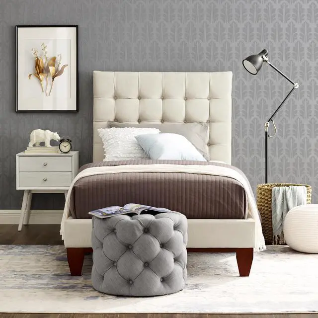 Main image of Georges Beige Linen Platform Bedframe - Full Size | Button Tufted | Upholstered | Modern and Contemporary | Inspired Home