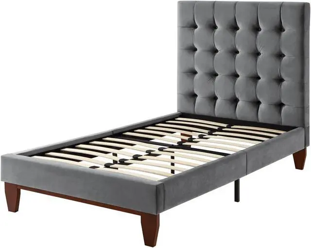 Alt view image 4 of 7 - Georges Grey Velvet Platform Bedframe - Full Size | Button Tufted | Upholstered | Modern and Contemporary | Inspired Home