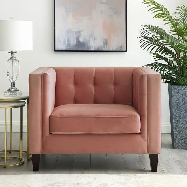 Main image of Kenn Blush Velvet Club Chair or Sofa - Button Tufted | Espresso Tapered Leg | Square Arms | Inspired Home