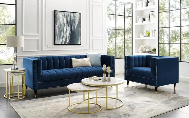 Alt view image 2 of 7 - Karena Navy Blue Velvet Club Chair or Sofa - Channel Tufted | Gold Nailhead Trim | Metal Tip Legs | By Nicole Miller