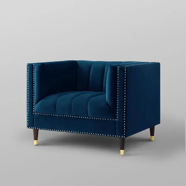 Alt view image 5 of 7 - Karena Navy Blue Velvet Club Chair or Sofa - Channel Tufted | Gold Nailhead Trim | Metal Tip Legs | By Nicole Miller