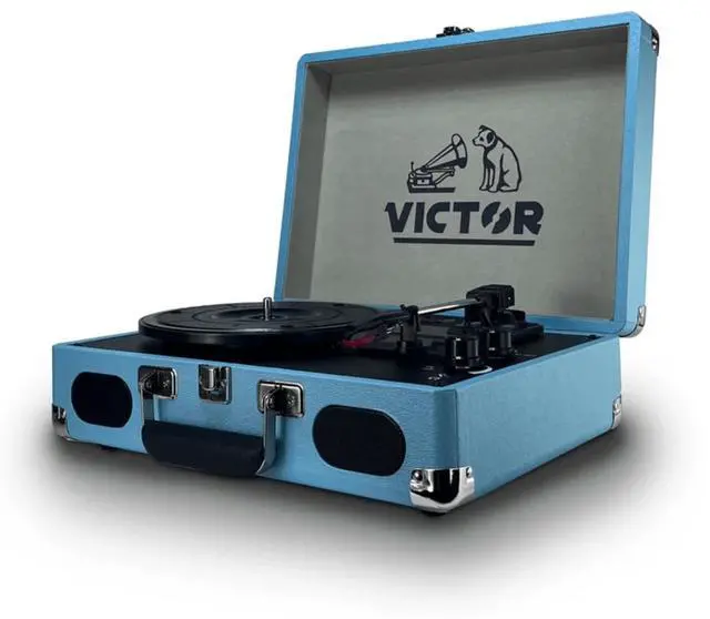 Alt view image 2 of 7 - Victor Metro Plus Portable Dual Bluetooth Suitcase Turntable Blue