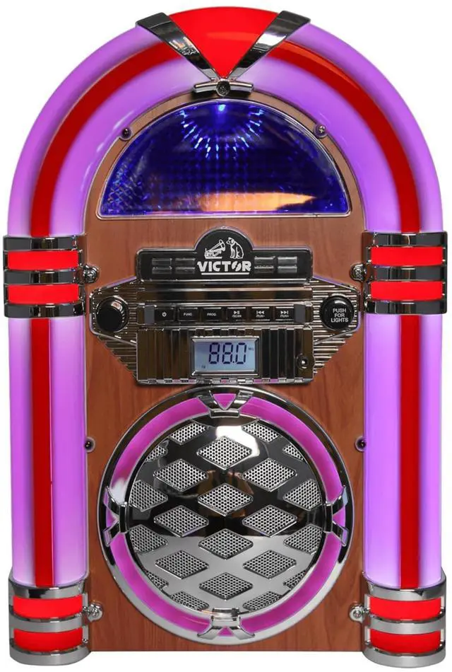 Alt view image 2 of 7 - Victor Broadway II Desktop CD Player Jukebox with Multi-Color LED Lighting and FM Radio in Mahogany