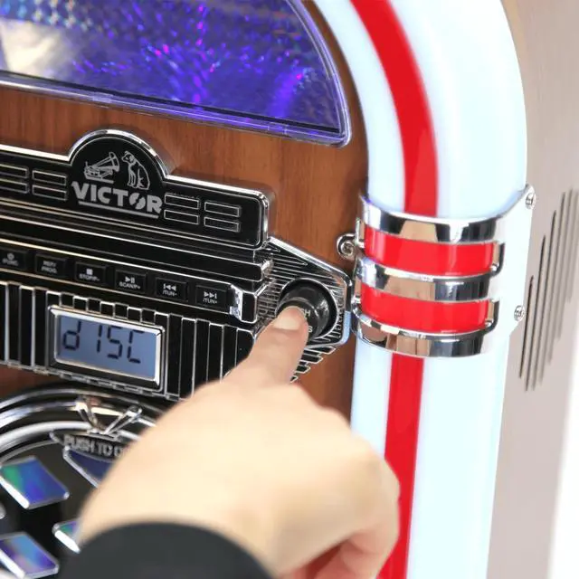 Alt view image 7 of 7 - Victor Broadway II Desktop CD Player Jukebox with Multi-Color LED Lighting and FM Radio in Mahogany