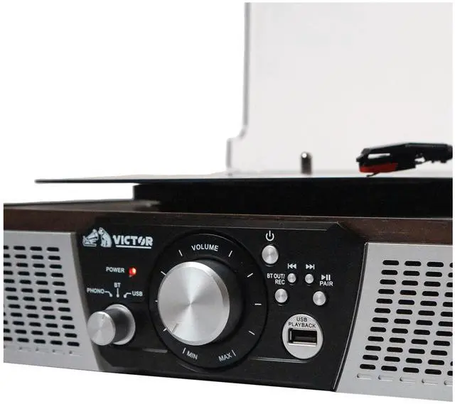Alt view image 6 of 7 - Victor Lakeshore 5-in-1 Hybrid Bluetooth Turntable System w USB and RCA Output Brown