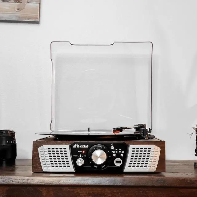 Alt view image 7 of 7 - Victor Lakeshore 5-in-1 Hybrid Bluetooth Turntable System w USB and RCA Output Brown
