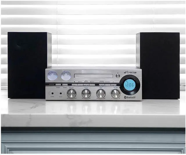 Alt view image 7 of 7 - Victor Milwaukee 50W Desktop CD Stereo System w Bluetooth, CD Player & FM Radio Silver