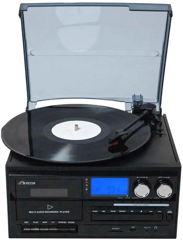 Alt view image 6 of 7 - Victor Cosmopolitan 8-in-1 Turntable Music Center with Bluetooth, USB & Cassette