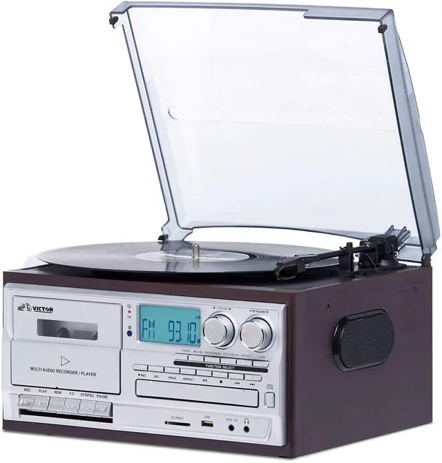 Alt view image 6 of 7 - Victor Cosmopolitan 8-in-1 Turntable Music Center with Bluetooth, USB & Cassette Brown
