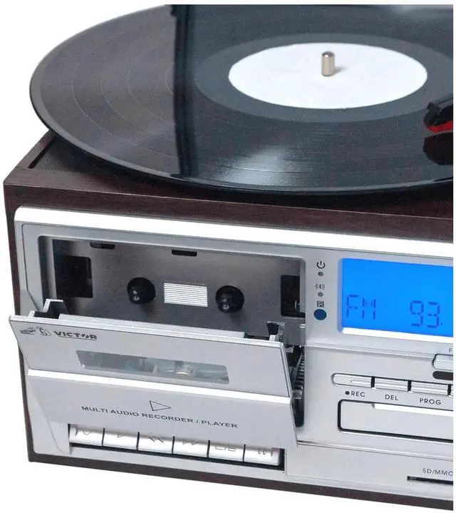 Alt view image 7 of 7 - Victor Cosmopolitan 8-in-1 Turntable Music Center with Bluetooth, USB & Cassette Brown