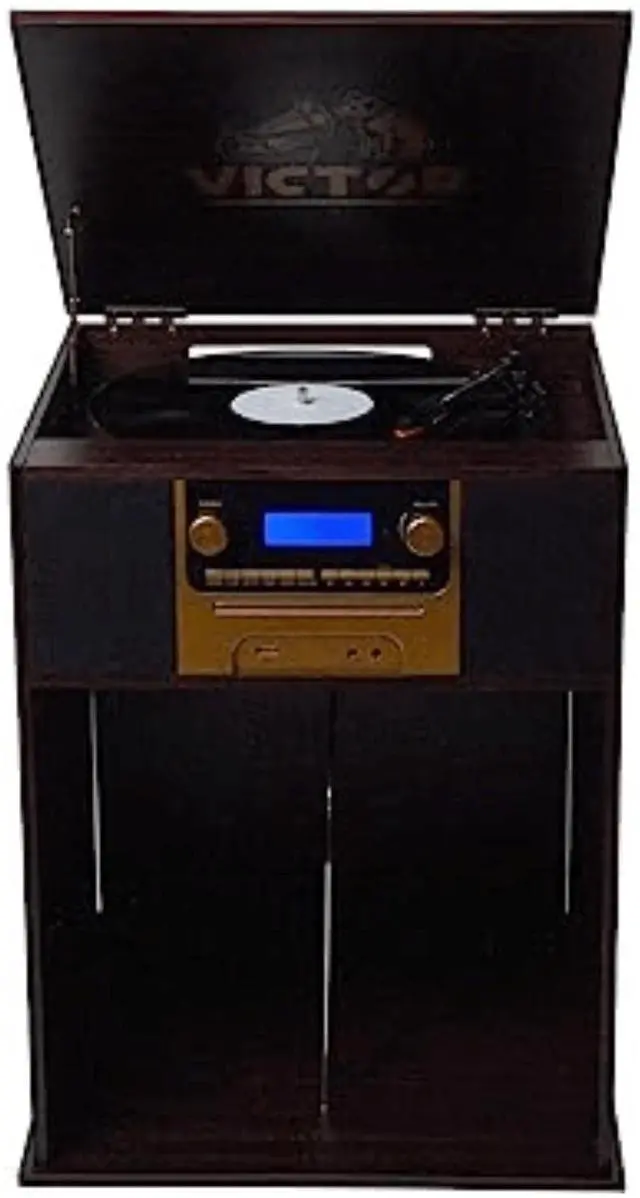Alt view image 4 of 6 - Victor Boyleston 7-in-1 3-Speed Turntable Music Center w Album Storage and USB Port Espresso