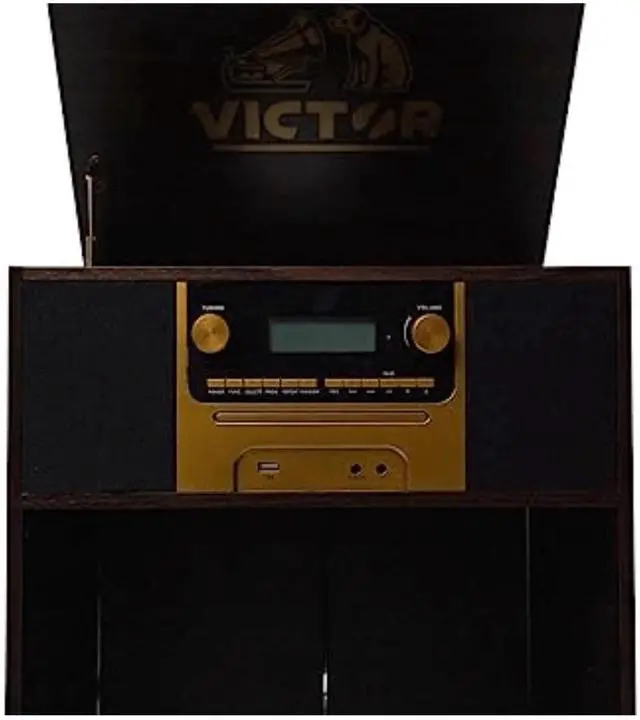 Alt view image 3 of 6 - Victor Boyleston 7-in-1 3-Speed Turntable Music Center w Album Storage and USB Port Espresso