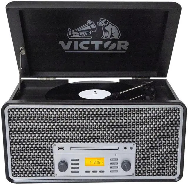 Alt view image 3 of 7 - Victor Monument 8-in-1 Wood Music Center with 3-Speed Turntable & Dual Bluetooth Gray