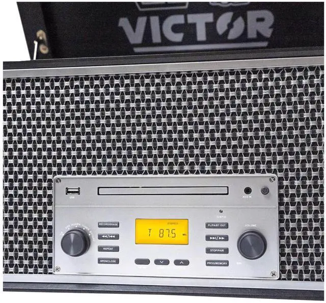 Alt view image 7 of 7 - Victor Monument 8-in-1 Wood Music Center with 3-Speed Turntable & Dual Bluetooth Gray