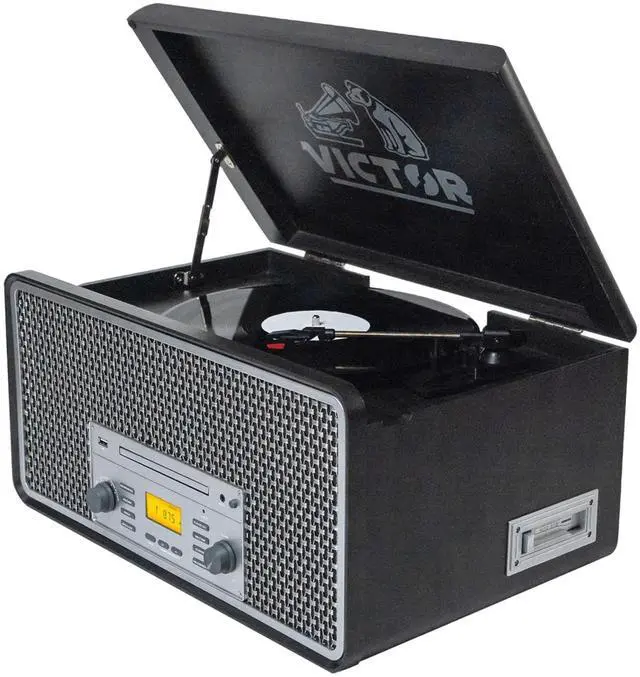 Main image of Victor Monument 8-in-1 Wood Music Center with 3-Speed Turntable & Dual Bluetooth Gray