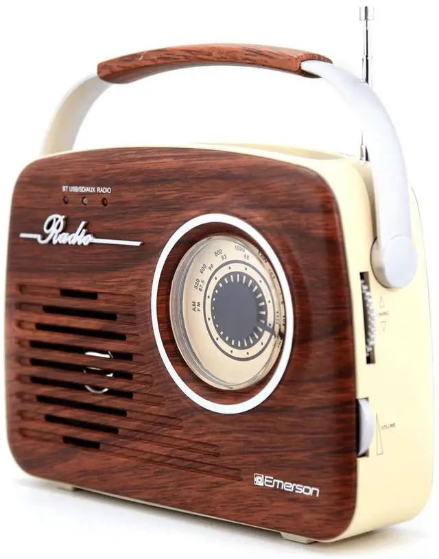 Alt view image 2 of 8 - Emerson EAS-3002-MH Portable Retro AM/FM Radio with Built-In Speaker and Rechargeable Battery - Mahogany