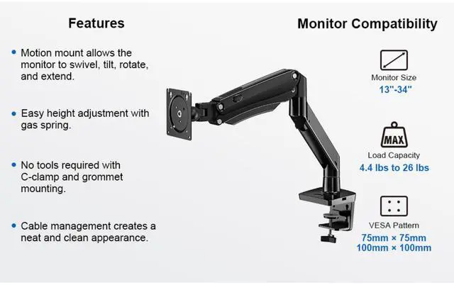 Alt view image 6 of 7 - ErgoAV Gas Spring Desk Mount for Single Monitors 13" to 34" and up to 26lbs