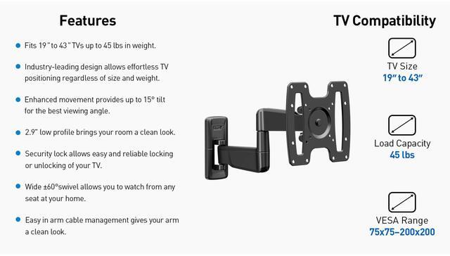 Alt view image 7 of 7 - ErgoAV Small Motion TV Mount for 19" to 43" TVs