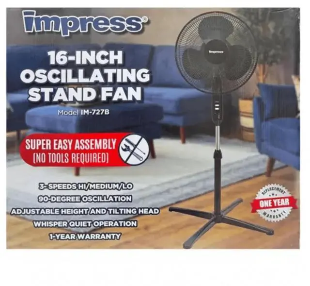 Alt view image 2 of 3 - Impress Easy-Assemble 3-Speed 16-Inch Stand Oscillating Pedestal Floor Fan