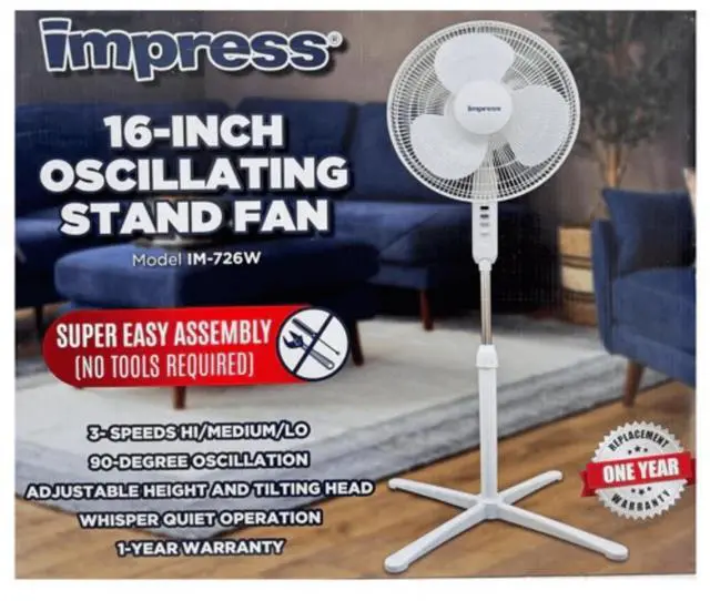 Alt view image 3 of 3 - Impress Easy-Assemble 3-Speed 16-Inch Stand Oscillating Pedestal Floor Fan White