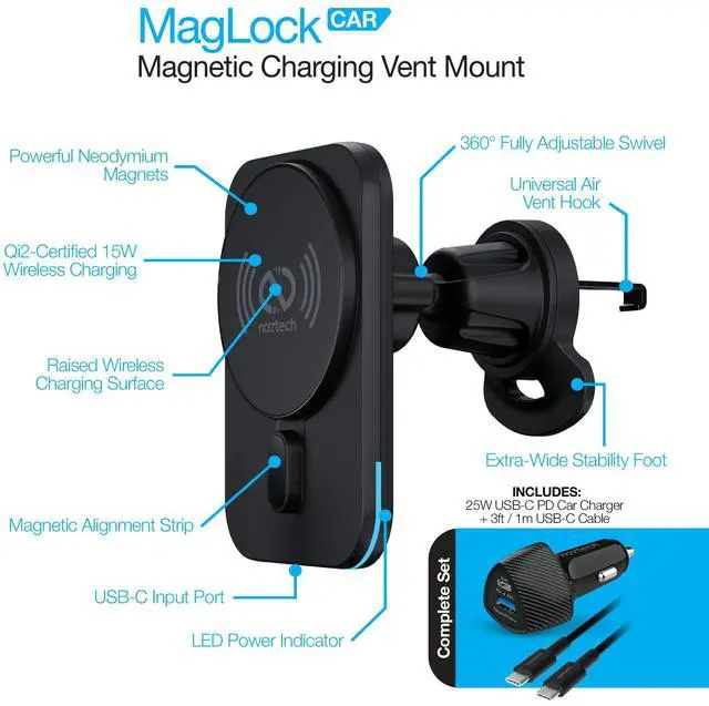 Alt view image 2 of 7 - Naztech MagLock CAR 15W Magnetic Wireless Fast Charging Vent Mount with Qi2