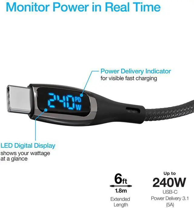 Alt view image 6 of 7 - Naztech DigiWATT USB-C to USB-C Digital LED Cable 6ft