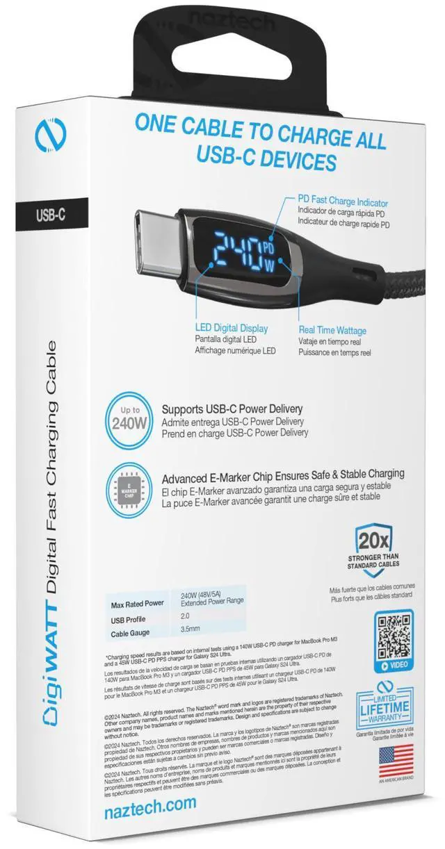 Alt view image 2 of 7 - Naztech DigiWATT USB-C to USB-C Digital LED Cable 6ft