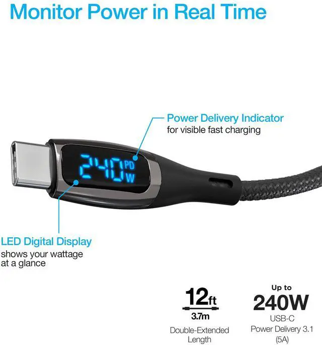 Alt view image 6 of 7 - Naztech DigiWATT USB-C to USB-C Digital LED Cable 12ft