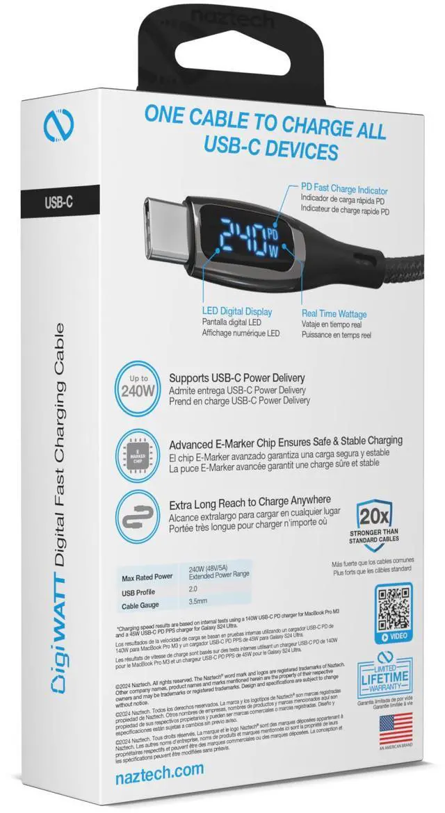 Alt view image 7 of 7 - Naztech DigiWATT USB-C to USB-C Digital LED Cable 12ft