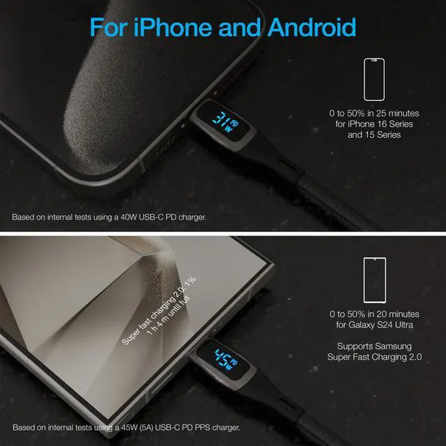 Alt view image 2 of 7 - Naztech DigiWATT USB-C to USB-C Digital LED Cable 12ft
