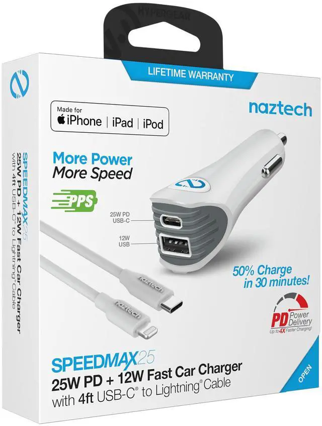 Alt view image 5 of 7 - Naztech N420 PD25W+2.4A Car Charger + C to MFI 4ft Cable