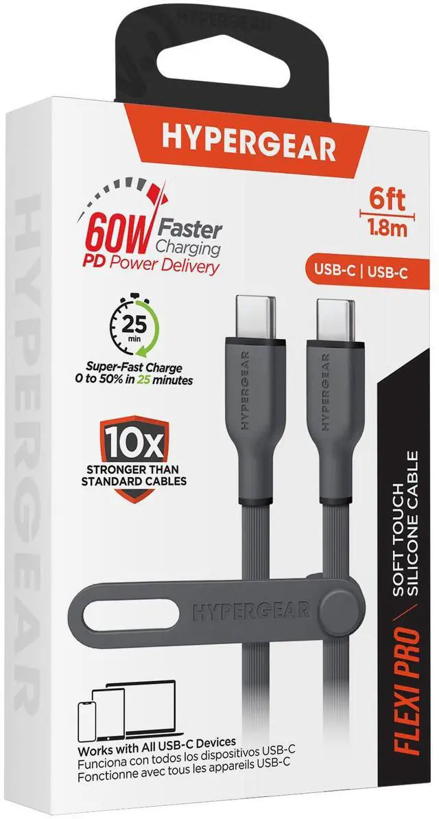 Alt view image 2 of 7 - HyperGear Flexi PRO USB-C to USB-C Cable 6ft Grey