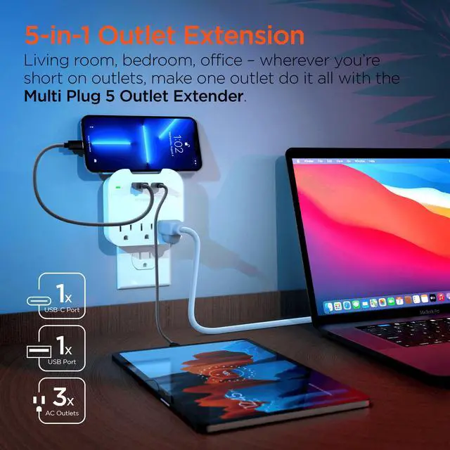 Alt view image 2 of 7 - HyperGear Wall Adapter Power Strip Phone Charger with 3 Outlets