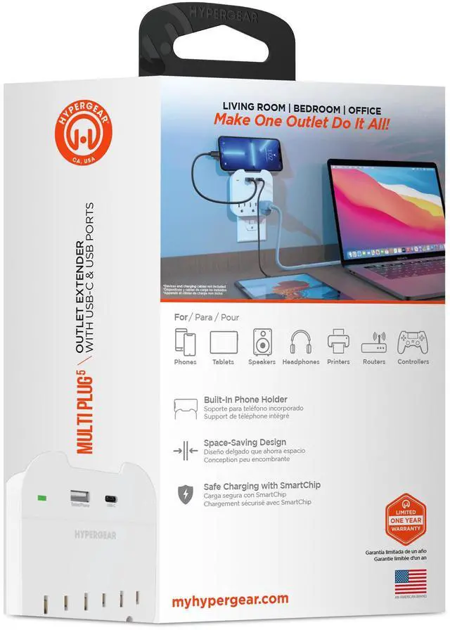 Alt view image 7 of 7 - HyperGear Wall Adapter Power Strip Phone Charger with 3 Outlets