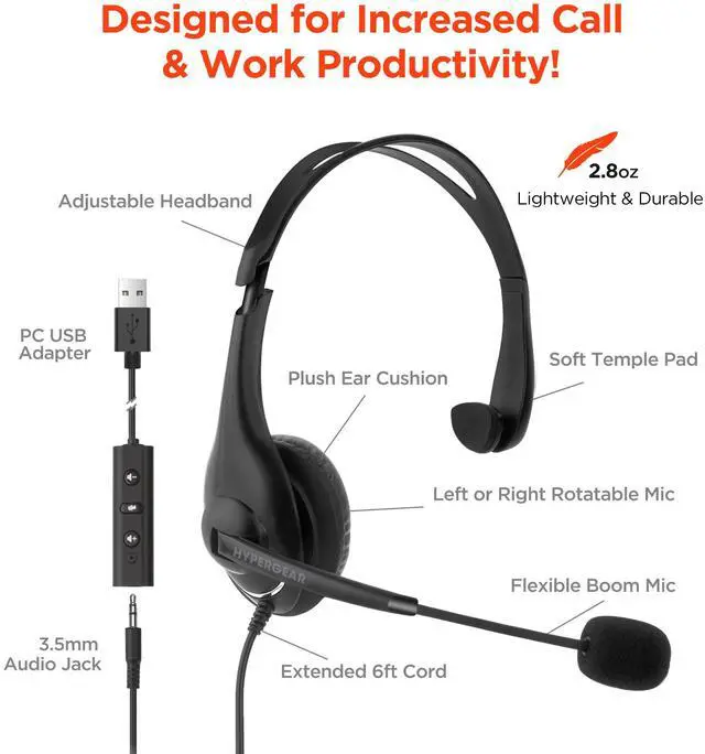 Alt view image 7 of 7 - HyperGear V100 Office Professional Wired Headset w 6 Ft Cord