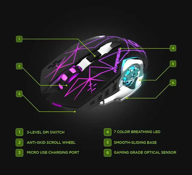 Alt view image 8 of 9 - hypergear chromium wireless gaming mouse [3-level dpi switch, 7 color led, 6 button scroll wheel, optical sensor] for pc gamer, laptop, desktop & more - 15571