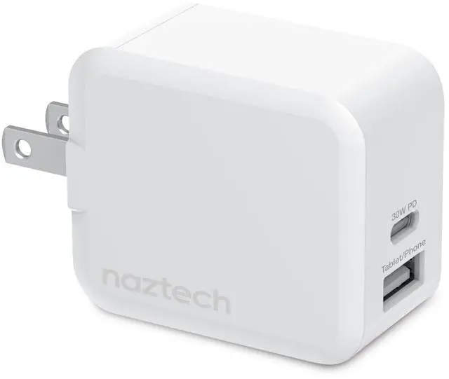 Alt view image 2 of 8 - naztech 30w usb-c pd + 12w usb fast wall charger with foldable prongs [charge 2 devices at once] compatible for iphone 14/13/12/pro/pro max, samsung s23/s22/s21, pixel, notebooks & more [white] 15387