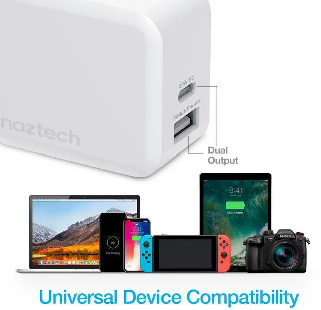 Alt view image 3 of 8 - naztech 30w usb-c pd + 12w usb fast wall charger with foldable prongs [charge 2 devices at once] compatible for iphone 14/13/12/pro/pro max, samsung s23/s22/s21, pixel, notebooks & more [white] 15387