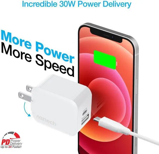 Alt view image 5 of 8 - naztech 30w usb-c pd + 12w usb fast wall charger with foldable prongs [charge 2 devices at once] compatible for iphone 14/13/12/pro/pro max, samsung s23/s22/s21, pixel, notebooks & more [white] 15387
