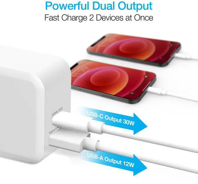 Alt view image 4 of 8 - naztech 30w usb-c pd + 12w usb fast wall charger with foldable prongs [charge 2 devices at once] compatible for iphone 14/13/12/pro/pro max, samsung s23/s22/s21, pixel, notebooks & more [white] 15387