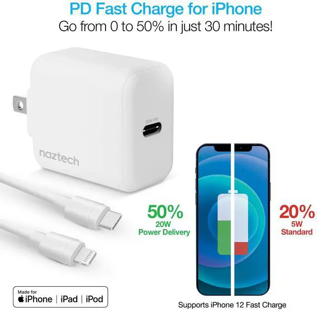 Alt view image 3 of 7 - Naztech 20W PD Wall Charger + USB-C to Lightning 4ft Cable