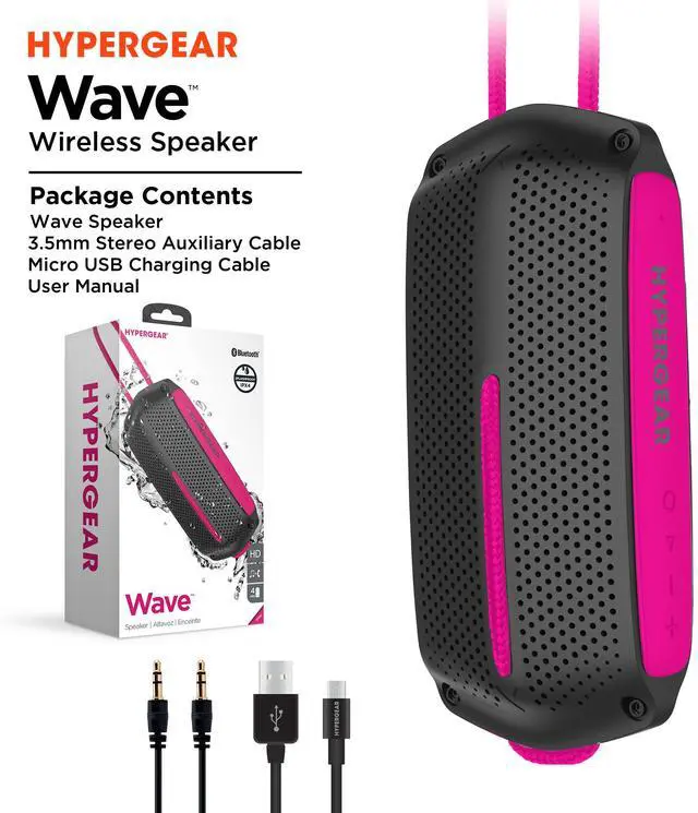 Alt view image 8 of 8 - hypergear wave wireless hd stereo sound speaker [ipx4 waterproof] streams music & calls from any bluetooth device at home, outdoors, beach, park, pool, boat, backyard, or campground (black/pink)