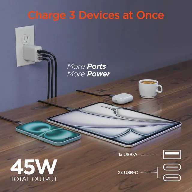Alt view image 2 of 7 - HyperGear 45W USB-C PD PPS Tri-Port GaN Fast Wall Charger