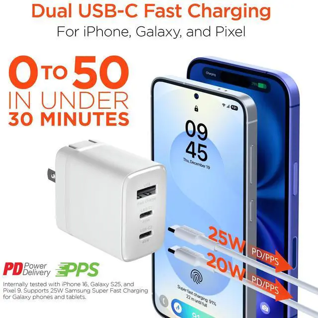 Alt view image 6 of 7 - HyperGear 45W USB-C PD PPS Tri-Port GaN Fast Wall Charger