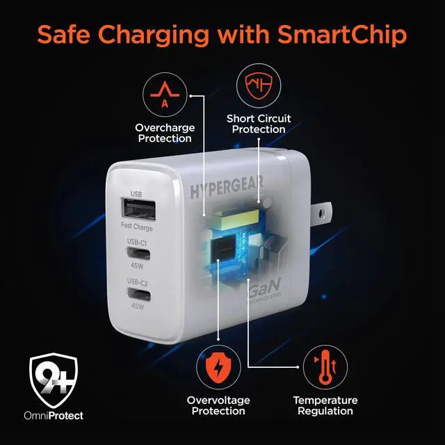 Alt view image 5 of 7 - HyperGear 45W USB-C PD PPS Tri-Port GaN Fast Wall Charger