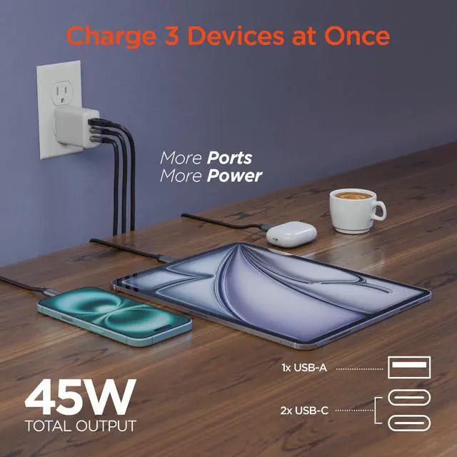 Alt view image 3 of 7 - HyperGear SpeedBoost 45W USB-C PD Tri-Port GaN Fast Wall Charger with PPS and 6ft USB-C Cable