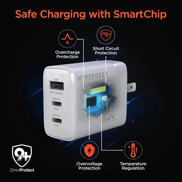 Alt view image 7 of 7 - HyperGear SpeedBoost 45W USB-C PD Tri-Port GaN Fast Wall Charger with PPS and 6ft USB-C Cable