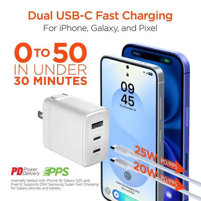 Alt view image 3 of 7 - HyperGear SpeedBoost 45W USB-C PD Tri-Port GaN Fast Wall Charger with PPS