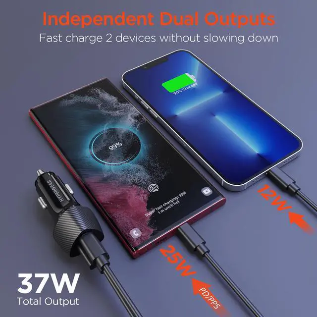 Alt view image 2 of 7 - HyperGear SpeedBoost 25W USB-C PD + 12W USB Fast Car Charger with PPS